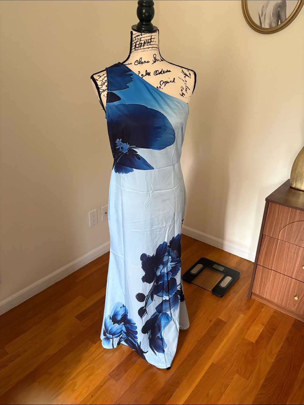 Light Blue One-Shoulder Floral Maxi Dress